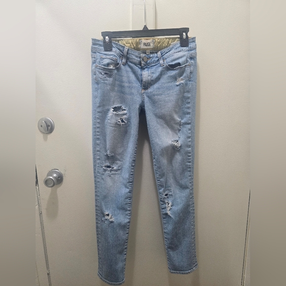 PAIGE Light Blue Ripped Skyline Ankle Peg Jeans - Picture 2 of 12